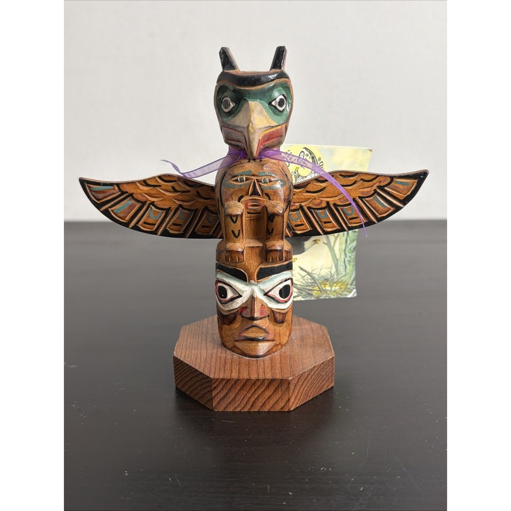 Alaska Black Diamond Vic Yeoda Hand Carved Totem Pole Eagles Human Legacy Signed